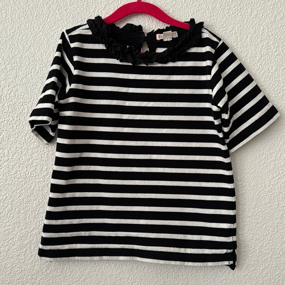 Size 6-7 J. Crew Crewcuts striped cotton tee with ruffle neckline gold button